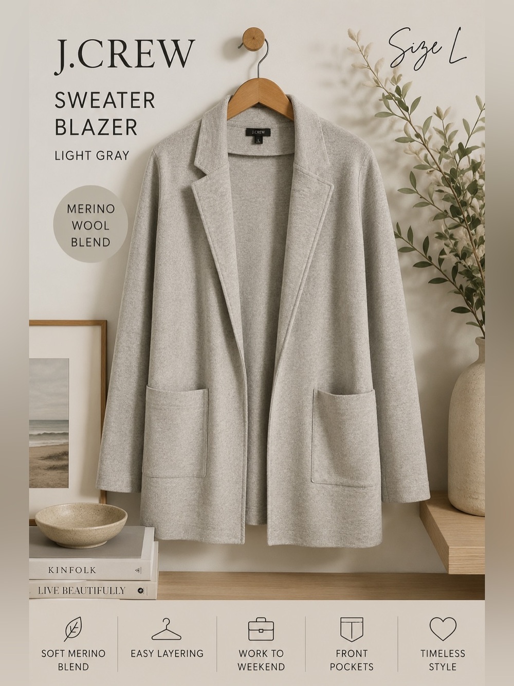 J. Crew Light Gray Merino Wool Blend Open Front Sweater Blazer Cardigan L